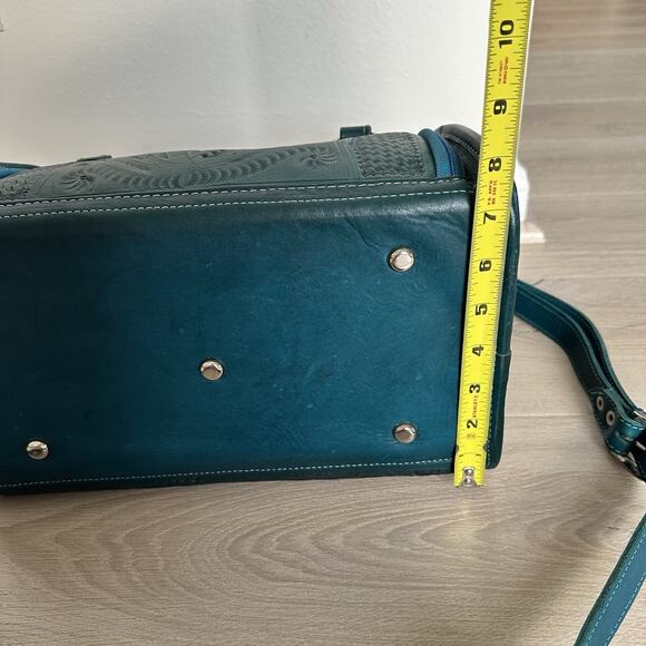 ROPIN WEST VANITY TRAVEL BAG CASE GENUINE HAND TOOLED LEATHER TURQUOISE GREEN - Picture 12 of 13
